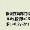 假设在两部门经济中（假定三部门经济的消费函数为C=100 0.8y,投资I=150-6r,税收T=0.25y,政府购买G=100货币需求L=0.2y-2r）