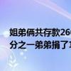 姐弟俩共存款260元在为赈灾捐款活动中姐姐捐了存款的三分之一弟弟捐了10元剩下的钱俩人一样多