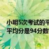 小明5次考试的平均分是88分（王亮在期末考试中语文数学平均分是94分数学外语平均分是92分语...）