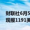 财联社6月5日电，CBOT大豆日内涨超1%，现报1191美分/蒲式耳。