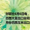 财联社6月6日电，巴西全国谷物出口商协会（ANEC）预计今年6月份巴西大豆出口量将达到1208万吨，去年同月为1384万吨；预计今年6月份巴西玉米出口量将达到1