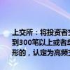 上交所：将投资者交易行为存在单个账户每秒申报、撤单的最高笔数达到300笔以上或者单日最高申报、撤单的最高笔数达到20000笔以上情形的，认定为高频交易