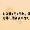 财联社6月7日电，香港金融管理局7日公布，香港于2024 年5月底的官方外汇储备资产为4,172亿美元（2024年4月底为4,164亿美元）。