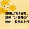 财联社7月1日电，银行间主要利率债收益率升幅扩大，10年期国开活跃券“24国开05”收益率上行2.1bp，10年期国债活跃券“24附息国债04”收益率上行1.7