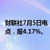 财联社7月5日电，澳大利亚三年期国债收益率上涨1.21个基点，报4.17%。