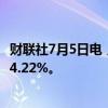 财联社7月5日电，美国五年期国债收益率下跌10个基点，报4.22%。