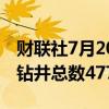 财联社7月20日电，美国至7月19日当周石油钻井总数477口。