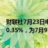 财联社7月23日电，日本2年期国债收益率上涨1.5个基点至0.35%，为7月9日以来最高水平。