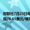 财联社7月23日电，美油、布油短线走低近0.4美元，现分别报76.65美元/桶和80.22美元/桶。