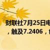 财联社7月25日电，离岸人民币兑美元涨幅一度扩大至0.3%，触及7.2406，创6月份以来最高水平。