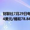 财联社7月29日电，美油、布油日内下跌1%，现分别报75.24美元/桶和78.84美元/桶。