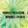 财联社7月30日电，跨国能源公司Phillips 66第二季度盈利为10亿美元，即每股2.38美元；调整后收益为9.84亿美元，即每股2.31美元。