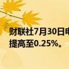 财联社7月30日电，日本央行政策委员会成员将讨论将利率提高至0.25%。