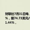 财联社7月31日电，WTI 9月原油期货结算价收跌1.08美元，跌幅1.42%，报74.73美元/桶。布伦特原油9月期货结算价收跌1.15美元，跌幅1.44%，