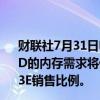 财联社7月31日电，三星电子称，下半年HBM、DDR5和SSD的内存需求将保持强劲。将在下半年扩大产能以提高HBM3E销售比例。