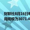 财联社8月16日电，美联储周四隔夜逆回购协议（RRP）使用规模为3071.41亿美元。