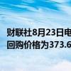 财联社8月23日电，腾讯控股于8月23日回购266万股，每股回购价格为373.6-378.4港元，共耗资约10亿港元。