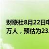 财联社8月22日电，美国上周首次申领失业救济人数为23.2万人，预估为23.2万人，前值为22.7万人。