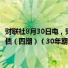 财联社8月30日电，财政部公告，拟第三次续发行2024年超长期特别国债（四期）（30年期），本次续发行国债竞争性招标面值总额600亿元。