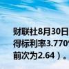 财联社8月30日电，美国财政部拍卖440亿美元七年期国债，得标利率3.770%（7月26日为4.162%），投标倍数2.50（前次为2.64）。