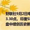 财联社9月2日电，印度NIFTY指数收盘涨0.15%，报25,273.30点。印度SENSEX指数收盘涨0.24%，报82,559.84点，盘中续创历史新高。