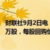 财联社9月2日电，腾讯控股2日耗资约10.03亿港元回购265万股，每股回购价格为376.6港元-383.2港元。