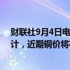 财联社9月4日电，凯雷投资集团首席战略官Jeff Currie预计，近期铜价将在每吨8500至9500美元之间波动。