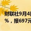 财联社9月4日电，铁矿石期货主力合约跌超2%，报697元/吨。