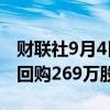 财联社9月4日电，腾讯9月4日斥资10亿港元回购269万股股票。