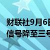 财联社9月6日电，香港将于12:40将台风警告信号降至三号。