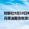 财联社9月10日电，国际原油期货结算价涨超1%。WTI 10月原油期货收涨1.04美元，涨幅1.54%，报68.71美元/桶。