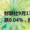 财联社9月11日电，富时A50期指连续夜盘收跌0.04%，报11264点。