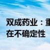 双成药业：重大资产重组事项能否成功实施存在不确定性