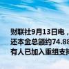 财联社9月13日电，佳兆业集团在港交所公告，佳兆业范围内债务未偿还本金总额约74.88%及瑞景范围内债务未偿还本金总额约80.82%的持有人已加入重组支持协议