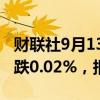 财联社9月13日电，富时A50期指连续夜盘收跌0.02%，报11193点。