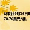 财联社9月16日电，WTI原油期货日内走高2.00美元，现报70.70美元/桶。