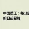 中国重工：每1股公司股票可以换得0.1335股中国船舶股票 明日起复牌