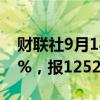 财联社9月18日电，焦煤期货主力合约跌超2%，报1252.5元/吨。