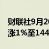 财联社9月20日电，美元兑日圆 JPY=EBS大涨1%至144.10。