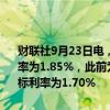 财联社9月23日电，央行今日进行745亿元14天期逆回购操作，中标利率为1.85%，此前为1.95%。今日进行1601亿元7天期逆回购操作，中标利率为1.70%