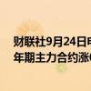 财联社9月24日电，国债期货10年期主力合约涨0.19%，5年期主力合约涨0.18%，均创历史新高。