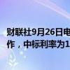 财联社9月26日电，央行今日进行2920亿元14天期逆回购操作，中标利率为1.85%，与此前持平。