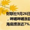 财联社9月26日电，港股餐饮股集体大涨，海伦司涨超25%，呷哺呷哺涨超13%，九毛九涨超9%，奈雪的茶涨近8%，海底捞涨近7%。