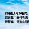 财联社9月26日电，市场监管总局发布9月9日—9月15日无条件批准经营者集中案件列表，其中包括沙特阿美发展公司收购蓝氢工业气体公司股权案、河南中源钛业有限公司与