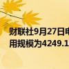 财联社9月27日电，美联储周四隔夜逆回购协议（RRP）使用规模为4249.16亿美元。