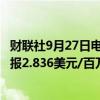 财联社9月27日电，美国天然气期货日内涨幅扩大至3%，现报2.836美元/百万英热。