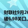 财联社9月26日电，离岸人民币兑美元日内涨破6.98关口。