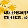 财联社9月30日电，德国日前交付的基准电力价格现报每兆瓦时69欧元，较上周五的支付价格上涨32.1%。