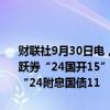 财联社9月30日电，银行间主要利率债收益率快速下行，10年期国开活跃券“24国开15”收益率下行4.5bp报2.2950%，10年期国债活跃券“24附息国债11