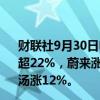 财联社9月30日电，恒生科技指数日内涨超6%，阿里健康涨超22%，蔚来涨超20%，众安在线涨超15%，哔哩哔哩、商汤涨12%。